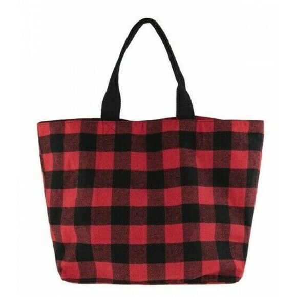Jumbo Sz Tote Over Night Bag Black & Red Buffalo Plaid Jumbo Furry Country - Picture 1 of 7